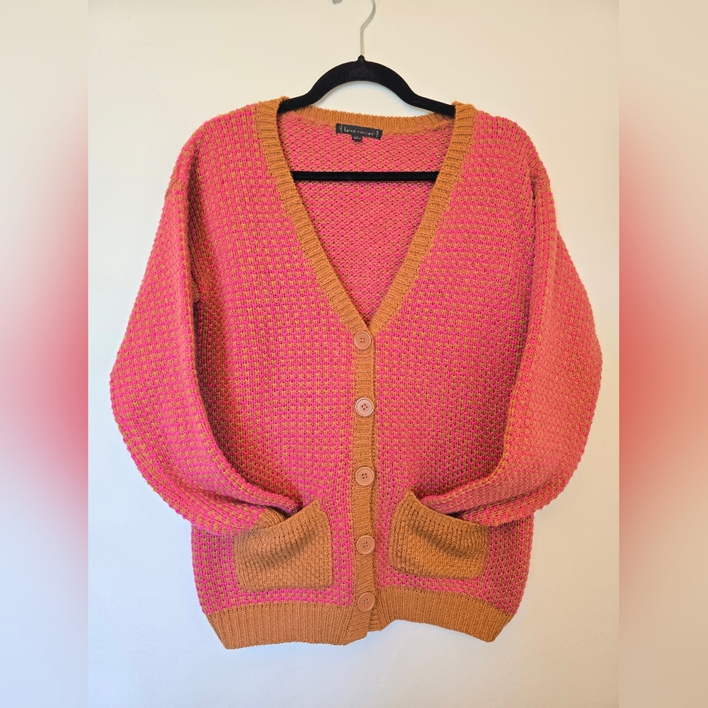 Lucca Couture Pink and Tan Button-Up Knit Cardigan